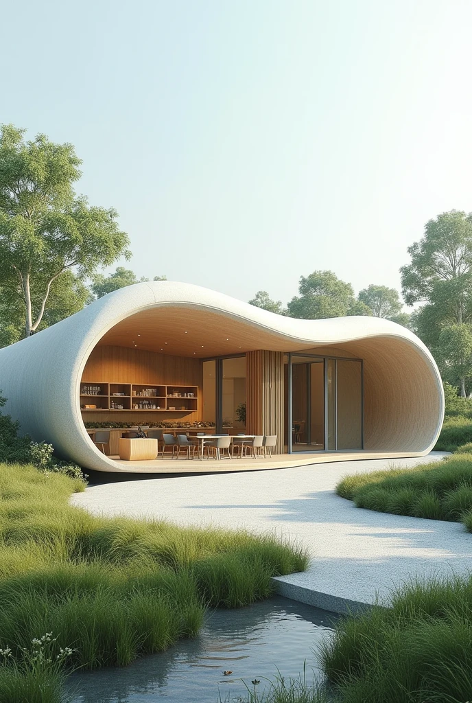 Simple Structure and facade of a single storey cafe building with L shape plan and the concept of fluidity and murmuration
