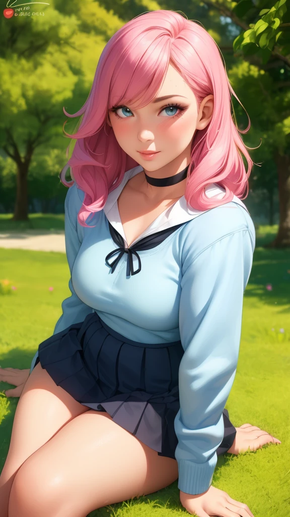 (best quality, ultra-detailed, photorealistic: 1.39), bright and vibrant colors, studio lighting, romantic expression, An effeminate girl, with a delicate and beautiful face. has a thin body, but well designed, your skin is white and very pale. her hair is pink, likes to wear makeup, ((Wear a black choker)), outfit emocore, schoolgirl long sleeve blouse, schoolgirl pleated skirt, in the park, sitting on the lawn with flowers, coast on the cherry tree, beautiful cute gesture