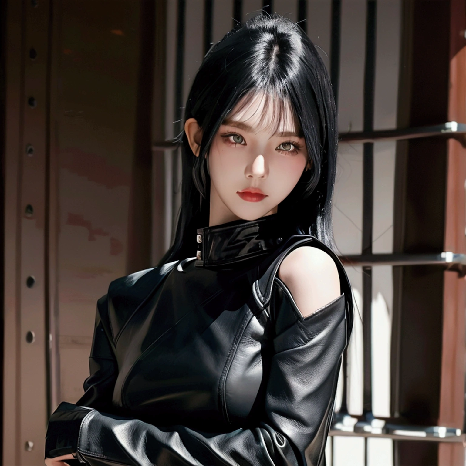 a girl wearing a black leather top with long sleeves, and black hair in a wolfcut style portrait