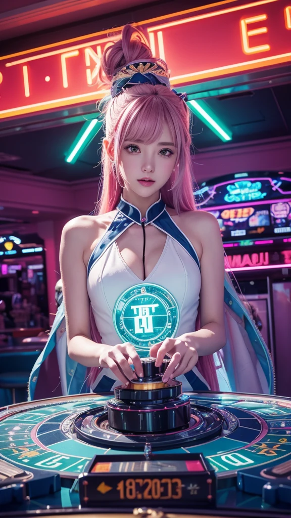 /imagine prompt: In a neon-lit casino, vibrant with electric energy, the walls are adorned with glowing signs in vivid pinks, blues, and greens, reminiscent of a bustling anime cityscape. At the center, an anime-styled vintage slot machine gleams under the kaleidoscope of lights. The machine’s rollers spin rapidly, then gradually slow, revealing three cartoon-style lightning bolts in perfect alignment on the reels. Each bolt is a bright yellow, pointed at both ends, with sharp, clean edges and only five points, Seated before the machine is an attractive young woman, illustrated in a detailed anime style with large, expressive eyes, vibrant hair, and a sleek, stylish outfit that catches the ambient neon light. Her expression is a blend of excitement and determination as she grips the lever, pulling it with anticipation, her gaze locked on the glowing bolts as they line up on the rollers. The scene radiates tension and potential, captured in the dramatic, with the surrounding casino fading into a blur of colors and sounds—clinking coins, distant cheers, and the hum of machines—creating a surreal moment focused entirely on the promise of victory. --ar 16:9 --v 5 --style anime --quality 5