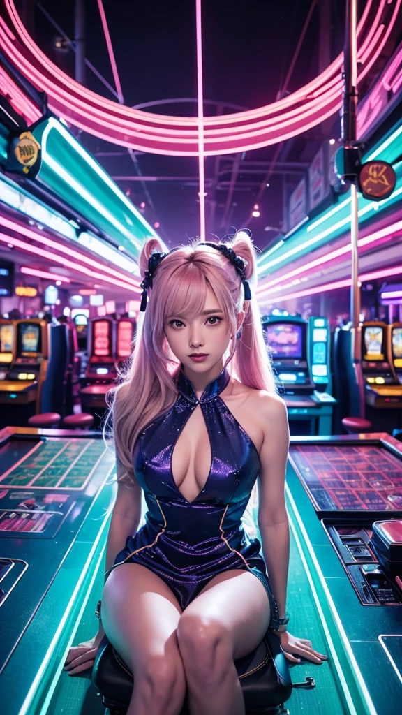 /imagine prompt: In a neon-lit casino, vibrant with electric energy, the walls are adorned with glowing signs in vivid pinks, blues, and greens, reminiscent of a bustling anime cityscape. At the center, an anime-styled vintage slot machine gleams under the kaleidoscope of lights. The machine’s rollers spin rapidly, then gradually slow, revealing three cartoon-style lightning bolts in perfect alignment on the reels. Each bolt is a bright yellow, pointed at both ends, with sharp, clean edges and only five points, Seated before the machine is an attractive young woman, illustrated in a detailed anime style with large, expressive eyes, vibrant hair, and a sleek, stylish outfit that catches the ambient neon light. Her expression is a blend of excitement and determination as she grips the lever, pulling it with anticipation, her gaze locked on the glowing bolts as they line up on the rollers. The scene radiates tension and potential, captured in the dramatic, with the surrounding casino fading into a blur of colors and sounds—clinking coins, distant cheers, and the hum of machines—creating a surreal moment focused entirely on the promise of victory. --ar 16:9 --v 5 --style anime --quality 5
