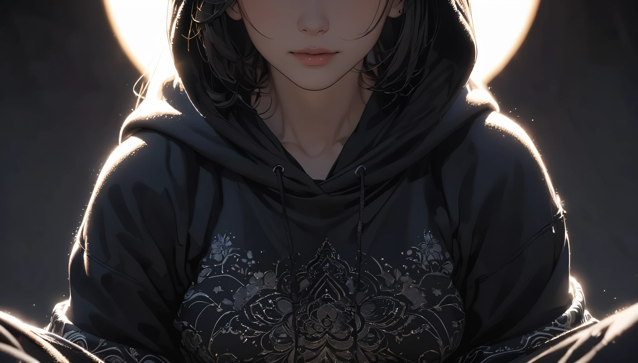 (masterpiece, Super Detail, Attention to detail, Highest quality, 8k, Close-up, Backlight,overlay,woman meditating,With the hood of a black sweatshirt pulled up