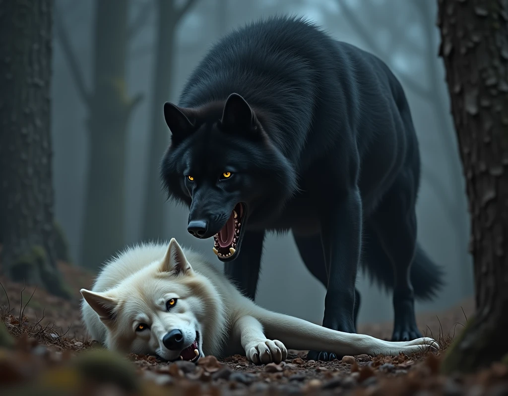 We want such an image in which a big black wolf has caught a big dog at his feet to hunt him. The color of the wolf should be black. High quality ai image. Lakin dog ka colour white ho
