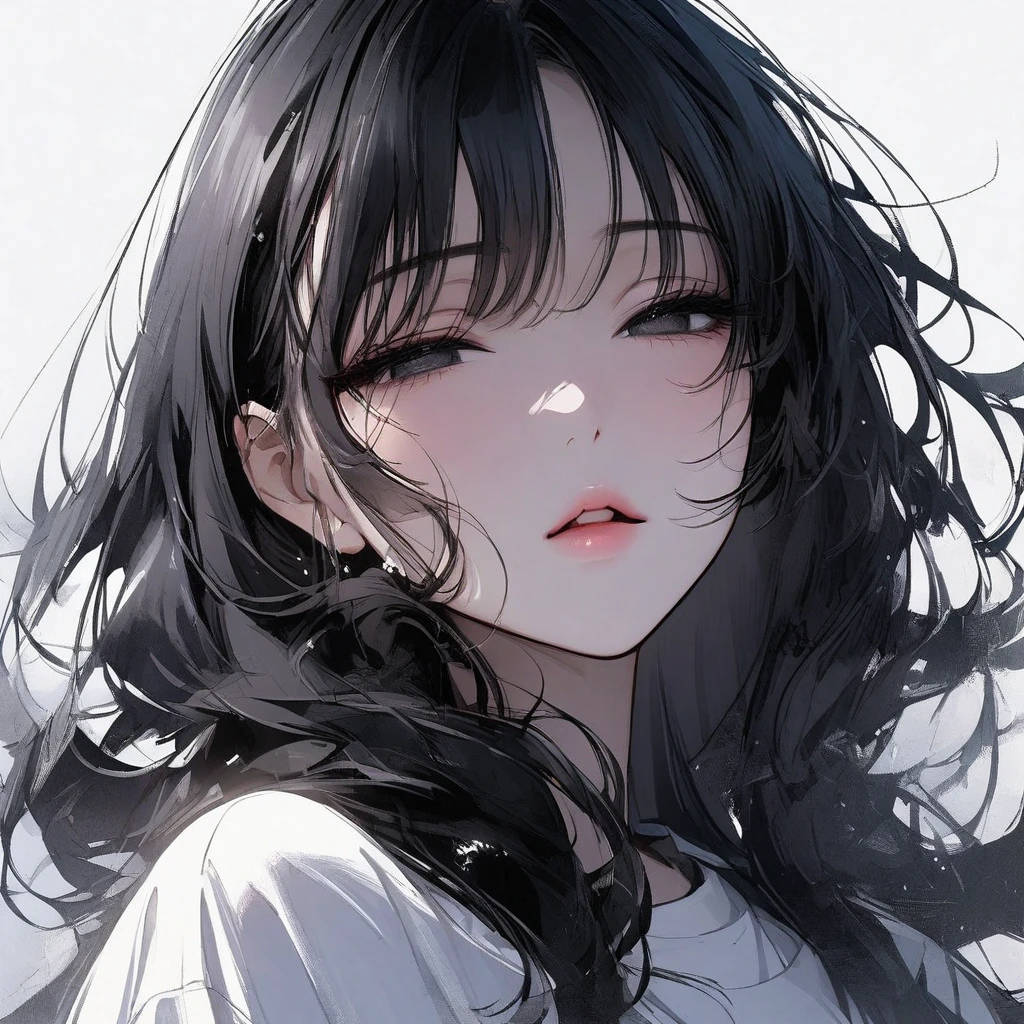 Girl, dreamy eyes, ethereal, elegant, model, calm, attractive, squinted eyes, asian beauty, black eyes, black hair, white shirt, sleepy, half-closed eyes, full lips, lipgloss, no background, light