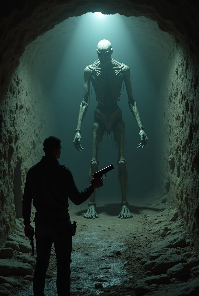 Underground mine first person view with a pistol in hand, Room with mannequin monster