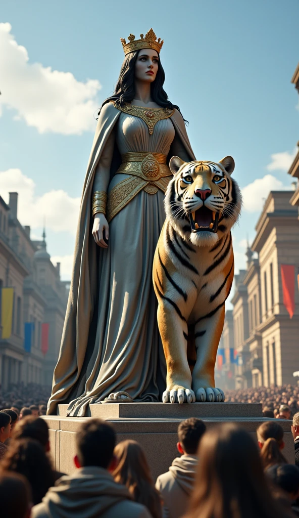 Close-up shot, Low angle shot, (A solemn yet majestic scene of a grand statue being unveiled in a bustling Georgian city square. The statue depicts Queen Tamar, A regal Queen Tamar of Georgia, a striking figure with flowing dark hair and a finely crafted gold crown embedded with jewels”, standing tall with a tiger at her side, both carved from gleaming marble. The crowd gathered around the statue looks up in awe, their faces filled with admiration and respect. The background shows the city’s beautiful stone buildings, with banners waving in the breeze, celebrating Tamar’s legacy. The sky is clear and blue, symbolizing the enduring strength and spirit of both the queen and her tigers.) unreal engine, cinematic, hyper-real, highly detailed, Ultra realistic HD --q 2 --v 6.1 --ar 9:16  