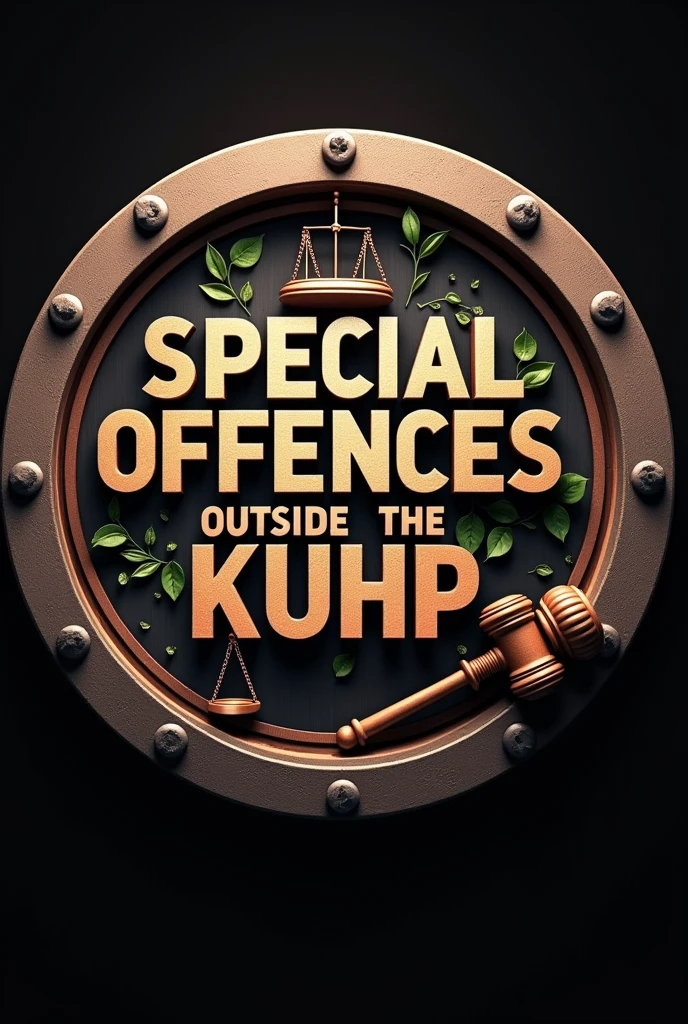 create a perfectly round picture or logo with a law theme that contains writing   "&quot;SPECIAL OFFENCES OUTSIDE THE KUHP&quot; in large size with realistic animation style and frontal viewpoint, also add elements of images with criminal law themes such as the hammer of law and the scales of law






