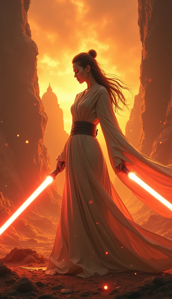 Female Jedi in a long dress (Use force:1.7), Guweiz style art work, (There's fire everywhere:1.4), With Tarot Cards, Terracotta, Beauty Filter, human fighter, surrender, best quality, masterpiece, very detailed, degree of freedom, Artistic lighting, rim light, best quality, (masterpiece), (very detailed), crazy details, best quality, masterpiece, very detailed, degree of freedom, Artistic lighting, rim light, star wars theme