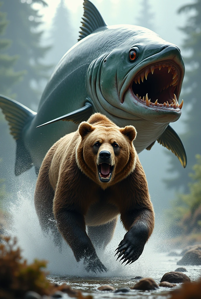 Brown bear being chased by giant salmon。The brown bear looks desperate.。