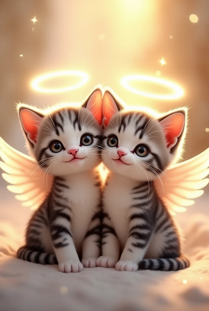 2 black striped kitten smiling angelic halo wings