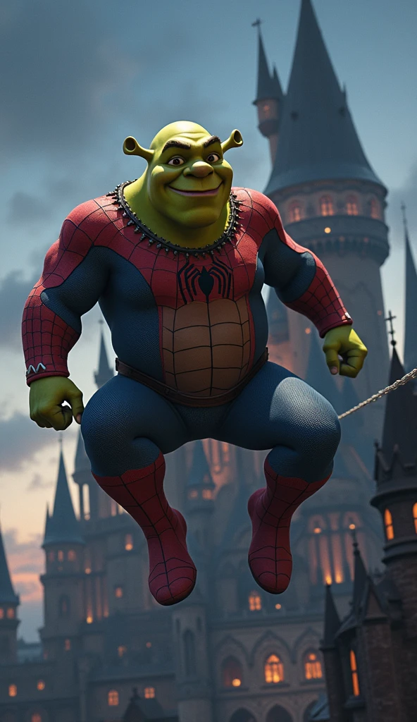 Shrek, donned in Spider-Man’s iconic red-and-blue suit, swings from a towering, medieval castle, his green, ogreish face peeking out from behind the mask. The suit, stretched awkwardly over his muscular, bulky frame, contrasts humorously with the elegant, gothic architecture of the castle. His large, expressive eyes reveal a blend of excitement and bewilderment as he navigates the unfamiliar cityscape. The twilight sky above is punctuated by the occasional flicker of distant stars, while the wind whips through the castle’s turrets. As Shrek swings through the air, his powerful movements and distinctive, jovial grin bring a unique charm to Spider-Man’s role, merging the ogre’s rugged personality with the agility and thrill of web-slinging across the night sky.