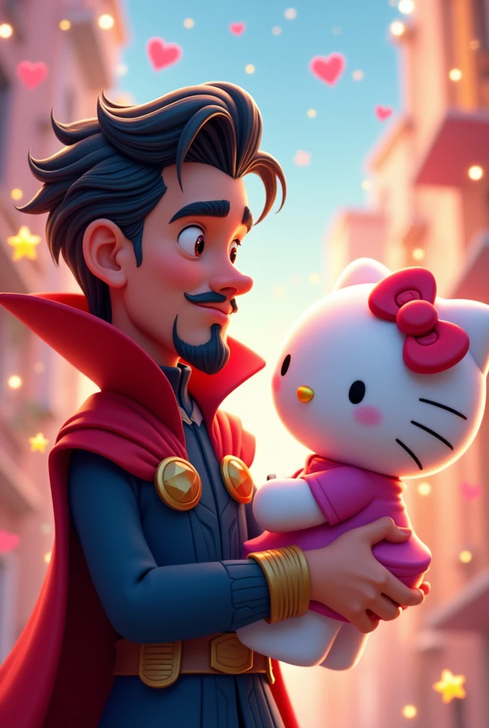 Create a drawing of Dr.. Strange young man with goatee in love with Hello Kitty giving a kiss drawing version pixar style animated kawaii