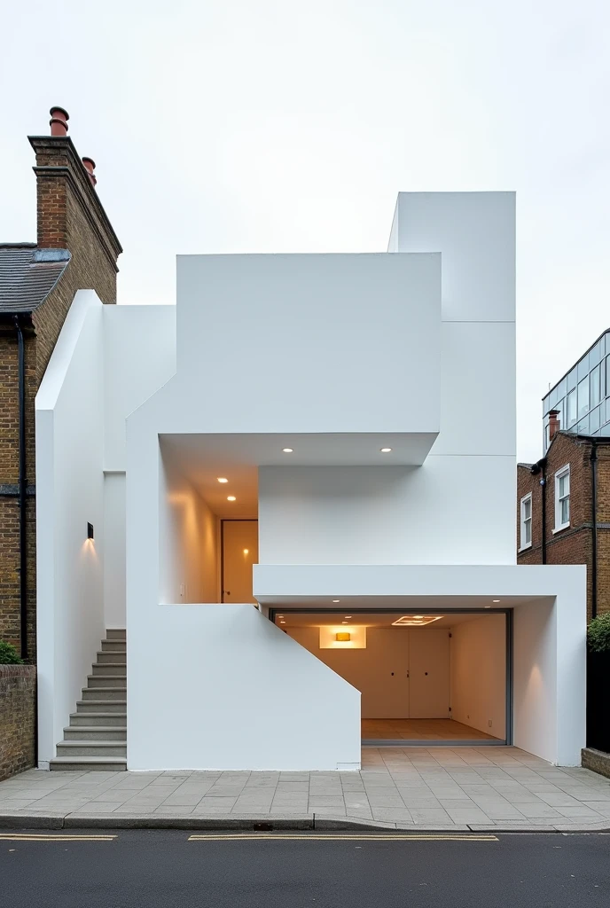 "Create an artistic photograph of a modern contemporary home designed by SANAA architects. The house should feature cube-shaped spaces and partitions with a sleek, minimalist design. The exterior should be predominantly white, highlighting a clean and modern aesthetic. Capture the scene with a close, frontal view, emphasizing the geometric structure of the home. The setting is a street in London, blending the contemporary architecture with the urban surroundings, showcasing the intersection of modern design and classic London elements."