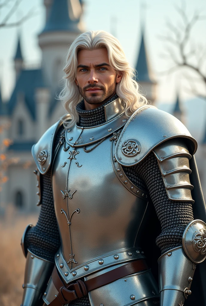 Handsome man, blue eyes, long white hair, silver knight costume, smiling, castle background image