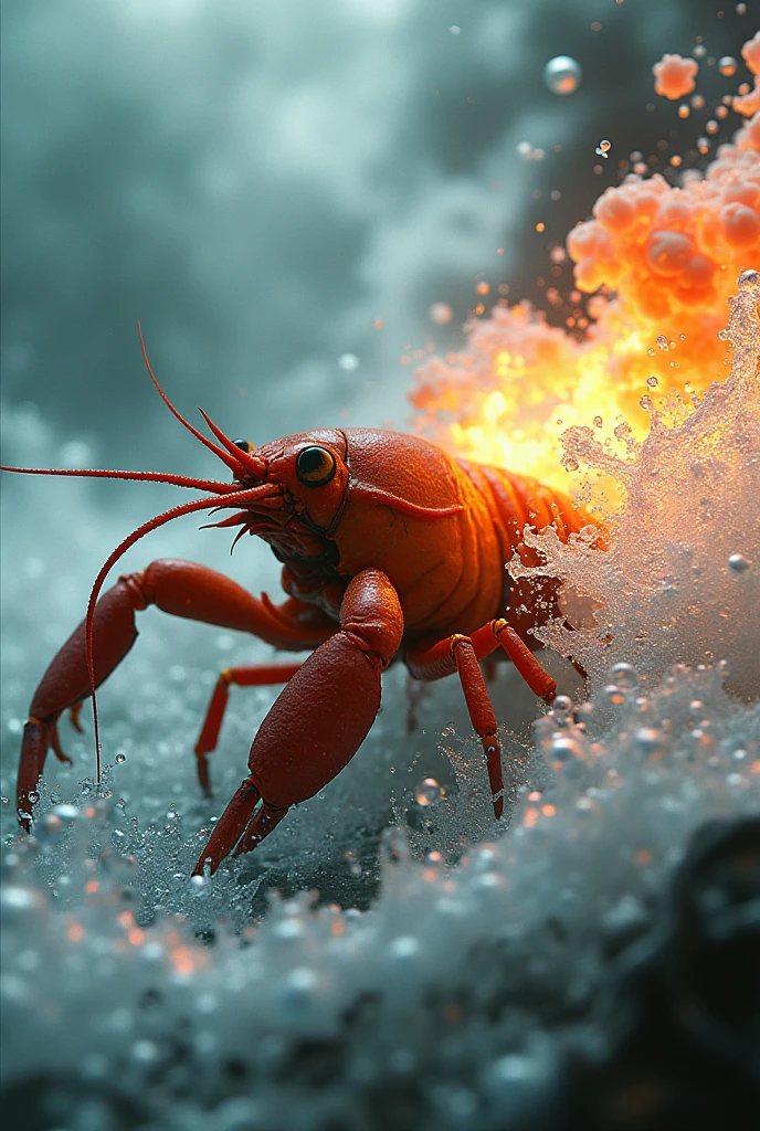 Create an image of a pistol shrimp burning and evaporating the water around it with one of its shots into the water and the pistol shrimp surrounded by fire to then turn it into a burst of shots