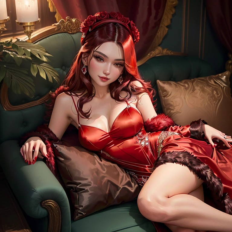 arafed woman in a red dress laying on a couch with a fur blanket, Anna Nikonova, aka Newmilky, style of Yulia Razumova, Sexy red dress, with a seductive smile, in a red dress, dressed entirely in red robes, Victoria Havrylenko, anastasia ovchinnikova, Gorgeous lady, dasha taran