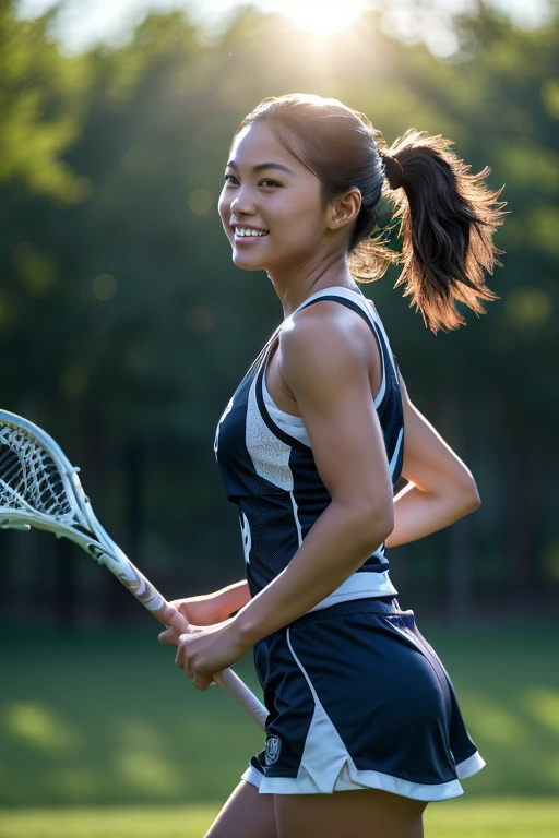 (8k, RAW photo, best quality, masterpiece), (photorealistic), outstanding details, ultra-high resolution, anatomically correct, textured skin, (Extremely precise and accurate anatomy),
Ultra Detailed Face, Detailed Eyes, 

(Cute Japanese girl), 
Lacrosse player, tanned skin, smiling face, holding Lacrosse stick, Running, Ponytail, Field lacrosse, 
Medium Breast, 

(backlighting), 
reflection light, 
atmospheric perspective, depth of field, 
(dramatic lighting), cinematic lighting, 