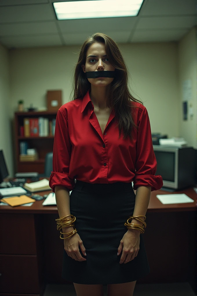 Secretary, red blouse and skirt, tied up, tape over mouth, in office