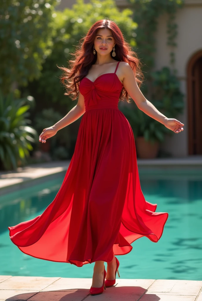 full body image: Caucasian woman with long wine red locks, charming smile, pink lips, sea green eyes, curvy chubby body, long red dress with red high heel shoes. dancing alone near the pool.