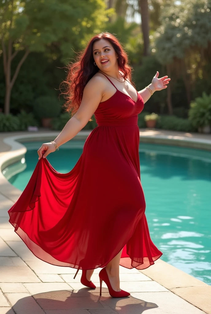 full body image: Caucasian woman with long wine red locks, charming smile, pink lips, sea green eyes, curvy chubby body, long red dress with red high heel shoes. dancing alone near the pool.
