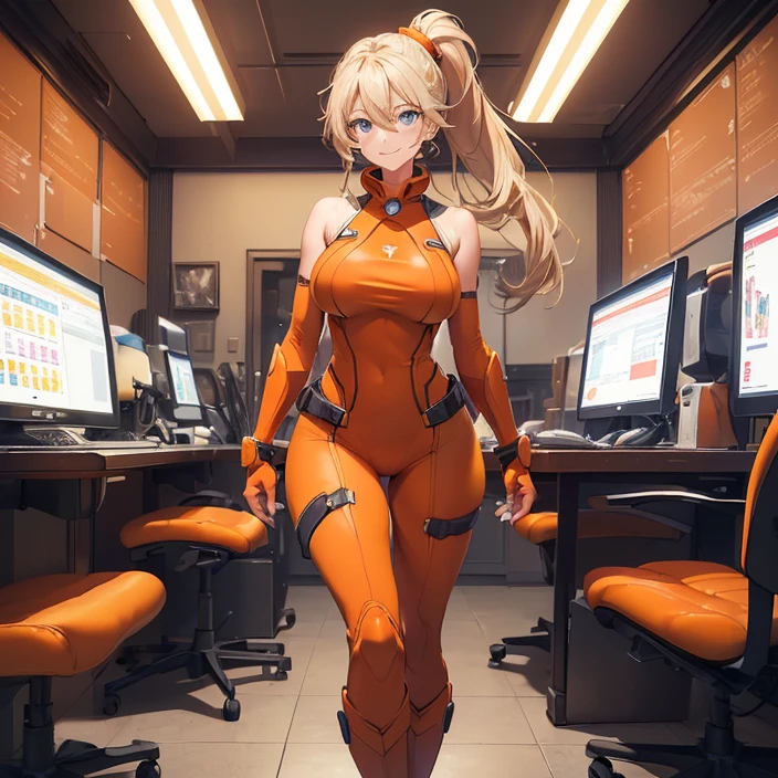 (Masterpiece), (HD), (High Resolution), (Best quality and very detailed), (Perfect ???????), (Fantasy Genre), (Anime style), (Highest resolution and Quality), (character alone, solo)
{{(1character:60years old lady milf genius engineer:(messy hair tied in a medium messed ponytail, fair skin, blue eyes, sweet open smile, happy carefree expression, Big breasts, nice figure, Beauty mature feminity, beautiful arms, beautiful legs, delicated features),(full body covered, Red preassure suit, orange shoulder pads, orange gauntlets, pink longboots, lantern in the chest),(standing upright, relaxed and professional, sweet and motherly demeanor, cute super genius personality, golding a worker screen tablet with her left arm),(giant hangar, full of simple designed Golden colored space transports, three little computers at the left))}}