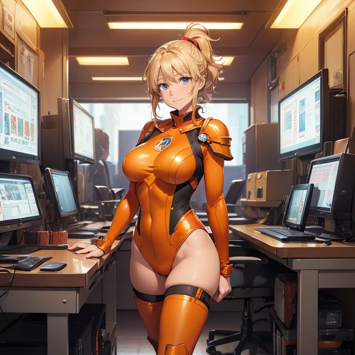(Masterpiece), (HD), (High Resolution), (Best quality and very detailed), (Perfect Anatomy), (Fantasy Genre), (Anime style), (Highest resolution and Quality), (character alone, solo)
{{(1character:60years old lady milf genius engineer:(messy hair tied in a medium messed ponytail, fair skin, blue eyes, sweet open smile, happy carefree expression, Big breasts, nice figure, Beauty mature feminity, beautiful arms, beautiful legs, delicated features),(full body covered, Red preassure suit, orange shoulder pads, orange gauntlets, pink longboots, lantern in the chest),(standing upright, relaxed and professional, sweet and motherly demeanor, cute super genius personality, golding a worker screen tablet with her left arm),(giant hangar, full of simple designed Golden colored space transports, three little computers at the left))}}