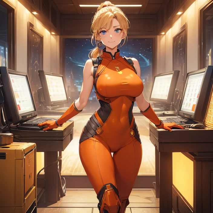 (Masterpiece), (HD), (High Resolution), (Best quality and very detailed), (Perfect Anatomy), (Fantasy Genre), (Anime style), (Highest resolution and Quality), (character alone, solo)
{{(1character:60years old lady milf genius engineer:(messy hair tied in a medium messed ponytail, fair skin, blue eyes, sweet open smile, happy carefree expression, Big breasts, nice figure, Beauty mature feminity, beautiful arms, beautiful legs, delicated features),(full body covered, Red preassure suit, orange shoulder pads, orange gauntlets, pink longboots, lantern in the chest),(standing upright, relaxed and professional, sweet and motherly demeanor, cute super genius personality, golding a worker screen tablet with her left arm),(giant hangar, full of simple designed Golden colored space transports, three little computers at the left))}}