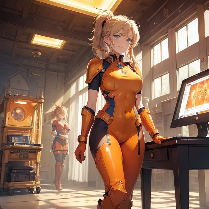 (Masterpiece), (HD), (High Resolution), (Best quality and very detailed), (Perfect Anatomy), (Fantasy Genre), (Anime style), (Highest resolution and Quality), (character alone, solo)
{{(1character:60years old lady milf genius engineer:(messy hair tied in a medium messed ponytail, fair skin, blue eyes, sweet open smile, happy carefree expression, Big breasts, nice figure, Beauty mature feminity, beautiful arms, beautiful legs, delicated features),(full body covered, Red preassure suit, orange shoulder pads, orange gauntlets, pink longboots, lantern in the chest),(standing upright, relaxed and professional, sweet and motherly demeanor, cute super genius personality, golding a worker screen tablet with her left arm),(giant hangar, full of simple designed Golden colored space transports, three little computers at the left))}}