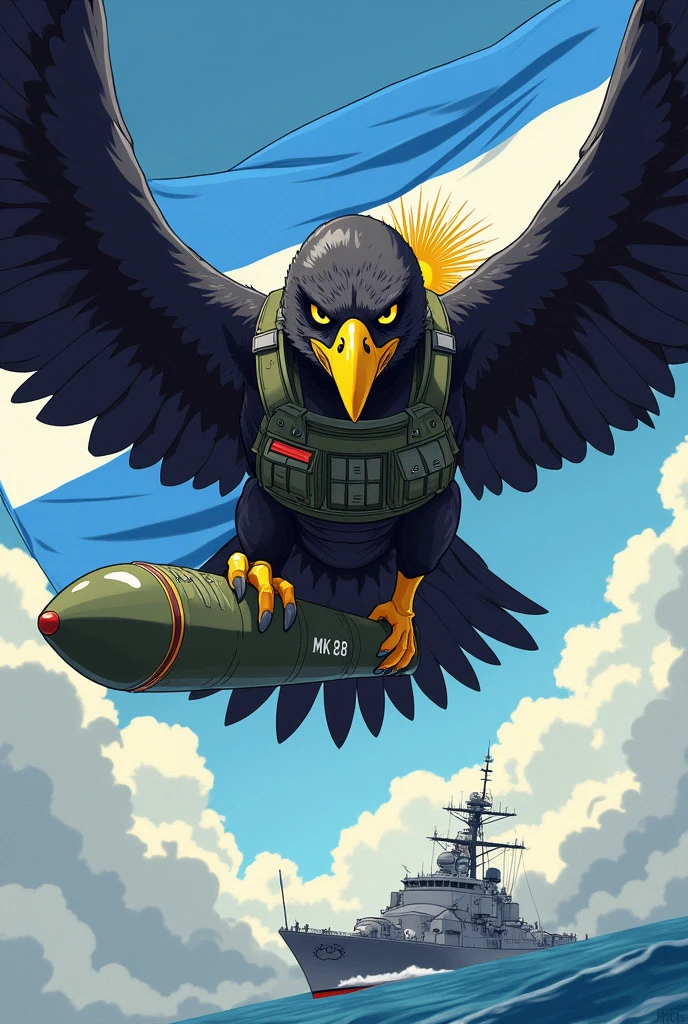 Cartoon of a muscular black hawk with a yellow beak wearing a military aviator uniform, riding a mk 82 bomb, with the Argentine flag in the background, about to fall on a warship