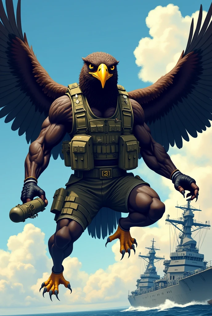 Cartoon of a muscular black hawk with a yellow beak wearing a military aviator uniform, riding a mk 82 bomb, with the Argentine flag in the background, about to fall on a warship
