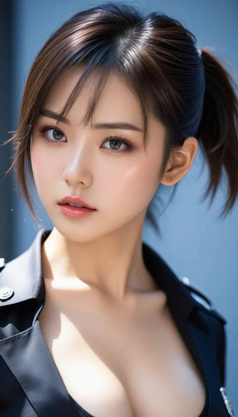 8k, Ultra-high resolution, Highest quality, masterpiece, 三分割法によるphotograph,Surreal, photograph, 1 , (:1.3), cute, cute顔, 細部までBeautiful Eyes, 細かくdetailedに,masterpiece,One Girl:1.2,Japanese women,Policewoman,upper body,glaring,Black short hair,Ponytail,ID photo,(Police officer of the future:1.3),cyber punk,Future City,white collar,((Fusion of humans and androids))(Beautiful attention to detail),Subtle details, detailedな顔,anger,Attractive eyes,(ポートレートphotograph:1.4),(Photorealistic images:1.4),Fantasy art,(Beautiful Face:1.4),美しくAttractive eyes、Beautiful Eyes,Silver residue,(Tight waist:1.4)、(Beautiful with perfect body proportions:1.4),Pink Lips,profile,(((Ideal body type))),A-cup small breasts :2,、Portraiture:2、Perfect Anatomy、鮮明なdetailed、detailed,Fashion magazine cover,Thin lips,完璧でBeautiful Face ,完璧でcute顔, Skin with attention to detail, Perfect limbs、Narrow waist,Surreal,Light and shadow,spotlight