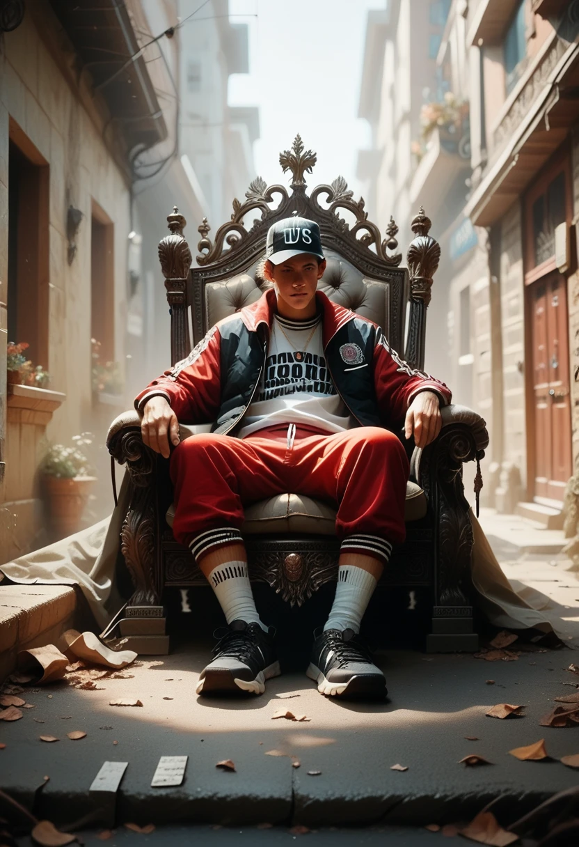 A jock guy in a cap sits on the throne