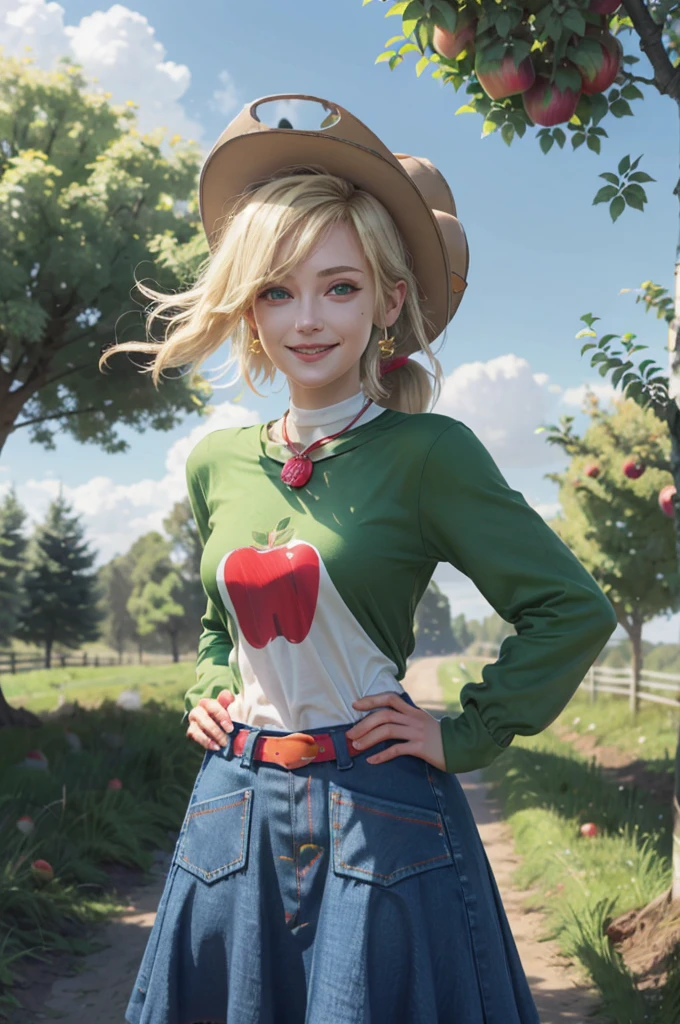 mlpapplejack, blonde ponytail hair, green eyes, cowboy hat,t-shirt with green sleeves, apple design, denim skirt, belt, looking at viewer, smiling, hands on hips,
standing in a farm, apple trees, blue sky, extremely detailed, HDR, beautiful quality, natural lighting,