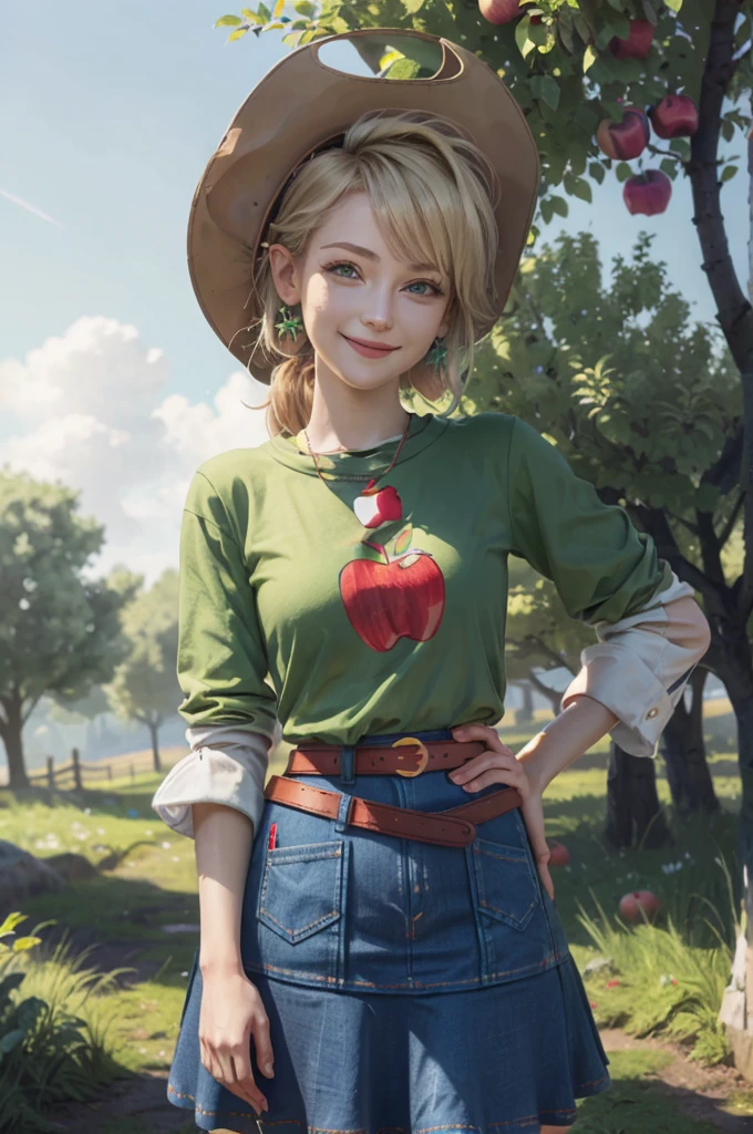 mlpapplejack, blonde ponytail hair, green eyes, cowboy hat,t-shirt with green sleeves, apple design, denim skirt, belt, looking at viewer, smiling, hands on hips, 
standing in a farm, apple trees, blue sky, extremely detailed, HDR, beautiful quality, natural lighting,