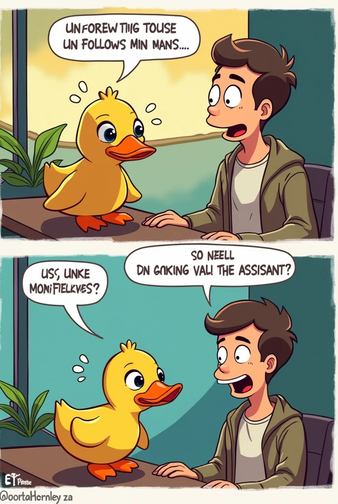 Create a meme that makes fun of you unfollowing me, also remove the followed and place a duck in Spanish