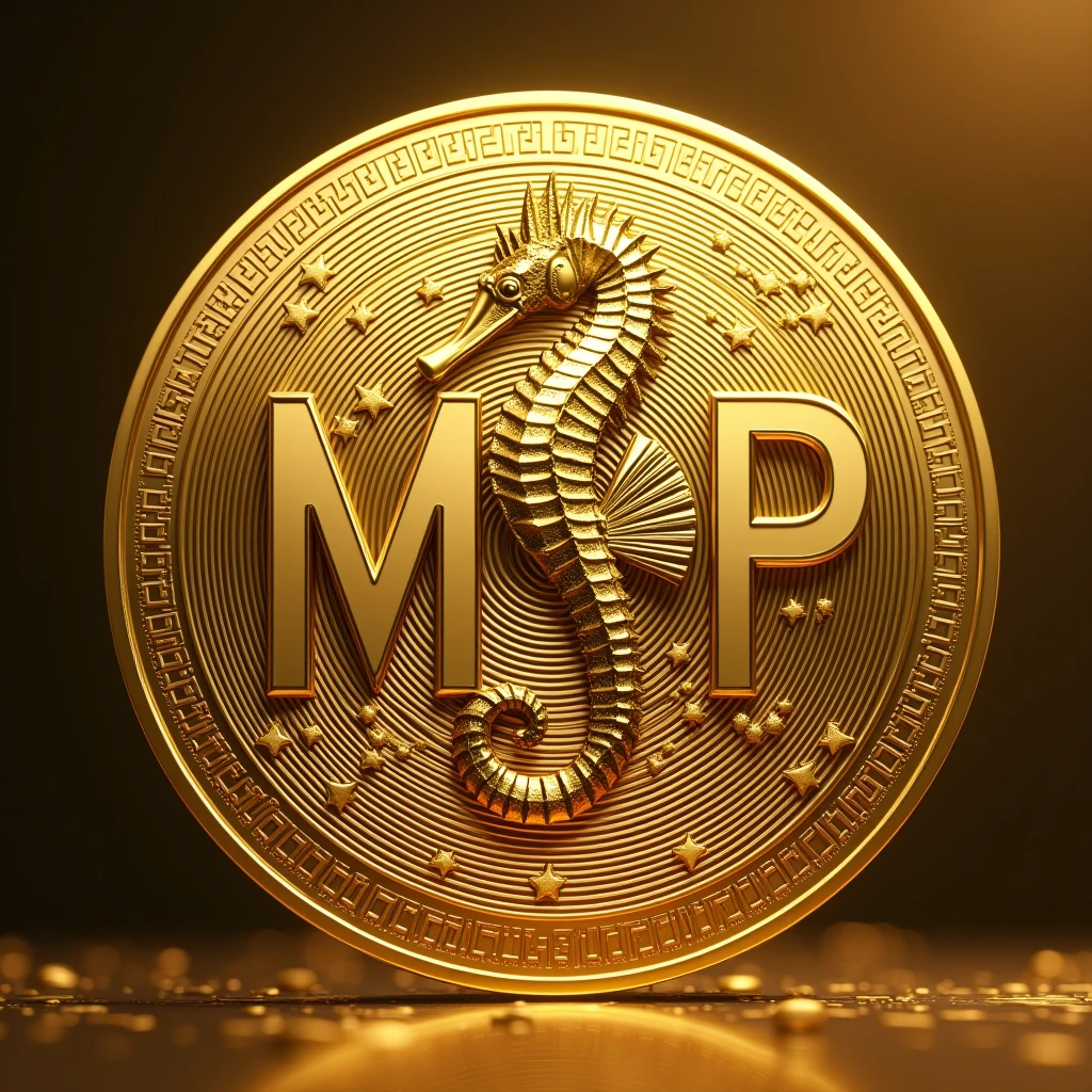 Create a coin with the words MJP in it and a seahorse design in the center Gold High quality Luxurious image