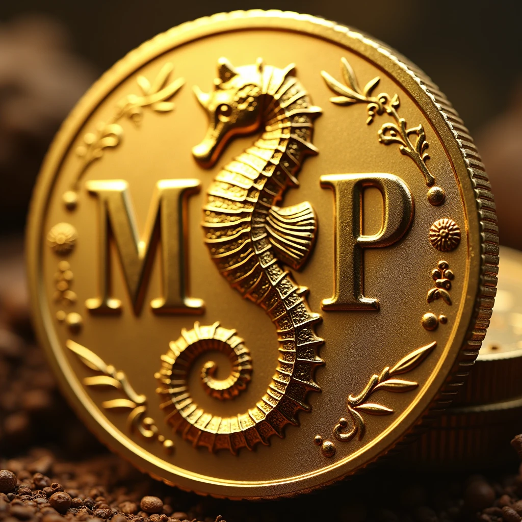 Create a coin with the words MJP in it and a seahorse design in the center Gold High quality Luxurious image