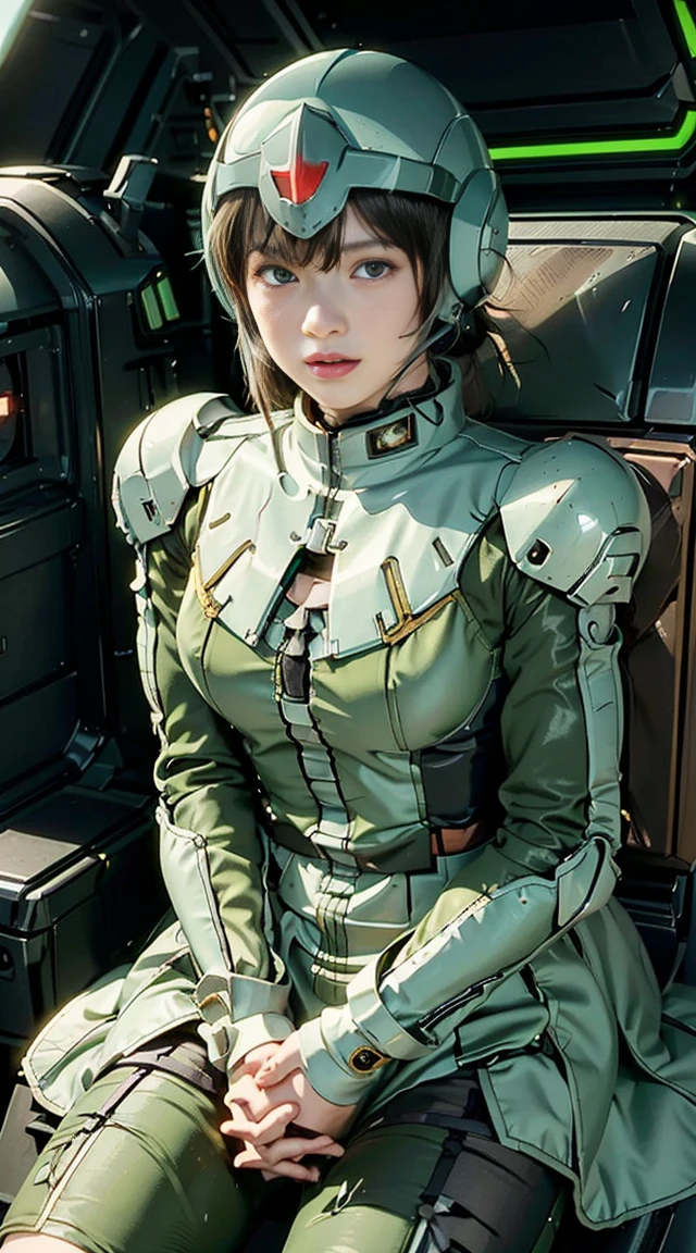 Best image quality, Excellent details, Ultra-high resolution, (realism: 1.4), Best illustrations, Favorite Details, A very condensed one, Delicate and beautiful features, Wearing a black and green mech, Wearing a mecha helmet, Hold the directional controller, Riding on motorcycle, The background is a futuristic city high tech lighting scene.