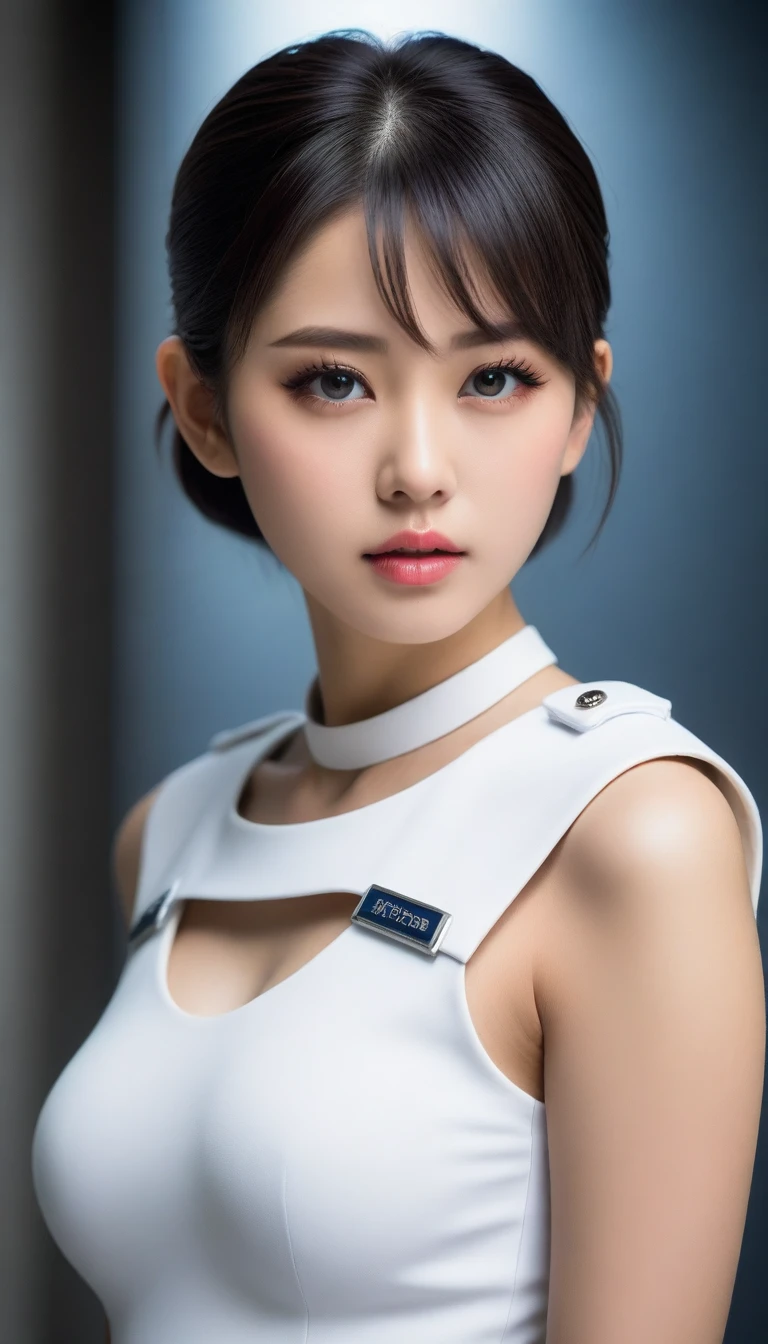 8k, Ultra-high resolution, Highest quality, masterpiece, 三分割法によるphotograph,Surreal, photograph, 1 , (:1.3), cute, cute顔, 細部までBeautiful Eyes, 細かくdetailedに,masterpiece,One Girl:1.2,Japanese women,Policewoman,upper body,glaring,Black short hair,Ponytail,ID photo,(Police officer of the future:1.3),cyber punk,Future City,white collar,((Fusion of humans and androids))(Beautiful attention to detail),Subtle details, detailedな顔,anger,Attractive eyes,(ポートレートphotograph:1.4),(Photorealistic images:1.4),Fantasy art,(Beautiful Face:1.4),美しくAttractive eyes、Beautiful Eyes,Silver residue,(Tight waist:1.4)、(Beautiful with perfect body proportions:1.4),Pink Lips,profile,(((Ideal body type))),A-cup small breasts :2,、Portraiture:2、Perfect Anatomy、鮮明なdetailed、detailed,Fashion magazine cover,Thin lips,完璧でBeautiful Face ,完璧でcute顔, Skin with attention to detail, Perfect limbs、Narrow waist,Surreal,Light and shadow,spotlight
