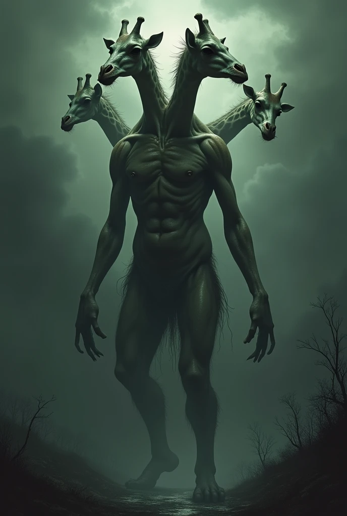 An ugly monster with a three-headed giraffe spine with Down syndrome