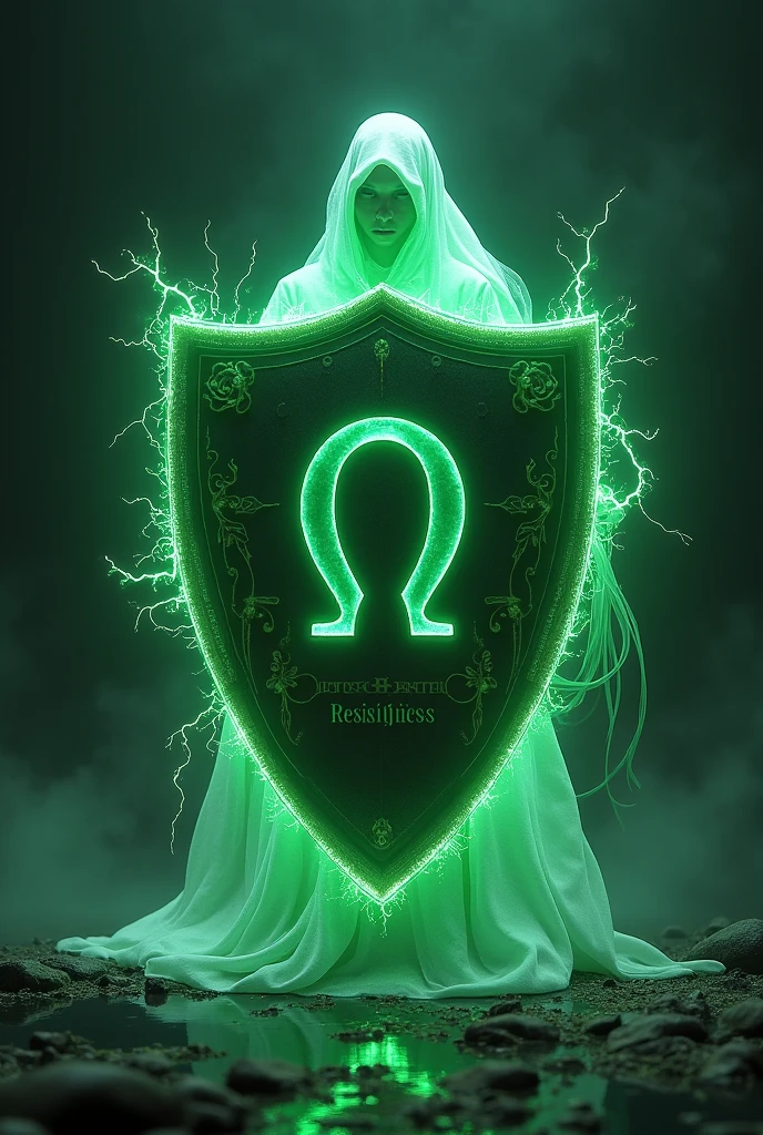 Only shield with green omega symbol and green ghostly liz and electric current that says resistance below the symbol with smaller letters
(Keep that current model)