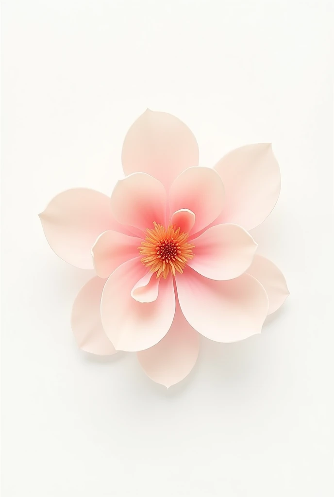 Create a flower with a subtle and minimalist design, warm colors and can be in pink tones, WITH WHITE BACKGROUND, make it without stem, that is open and seen from above, that has a design similar to a sakura or lotus flower