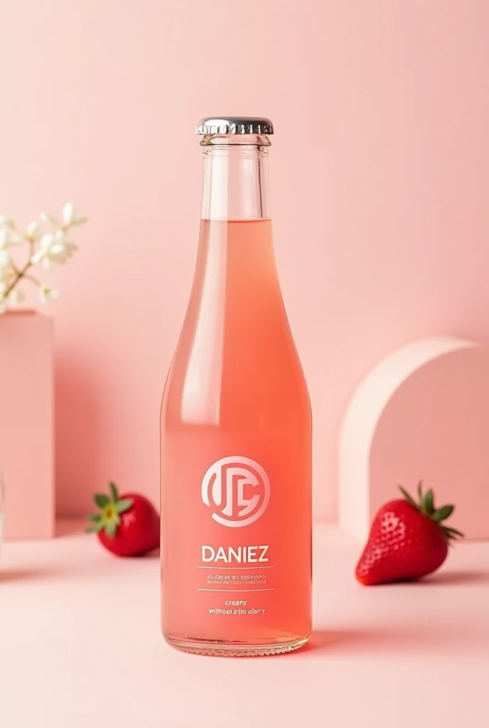 non-dairy creamy strawberry water in a beautiful bottle with a logo "DAniez Cream Infusions" with the slogan "creamy, Without the Dairy"