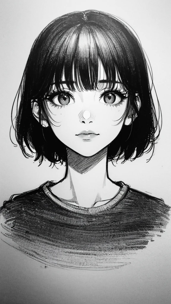 1 woman, alone, monochrome, grayscale, black short hair, portrait, t-shirt, closed mouth, looking at viewer, sketch, graphite \(middle\), small lips, hatching \(group\), Without makeup, upper body, (best illustration), (best quality), (very detailed), (masterpiece), 30s girl, small eyes, bangs, outline,
