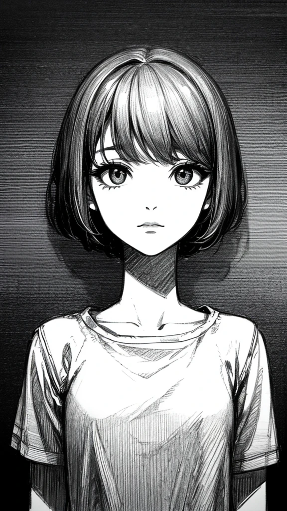 1 woman, alone, monochrome, grayscale, black short hair, portrait, t-shirt, closed mouth, looking at viewer, sketch, graphite \(middle\), small lips, hatching \(group\), Without makeup, upper body, (best illustration), (best quality), (very detailed), (masterpiece), 30s girl, small eyes, bangs, outline,