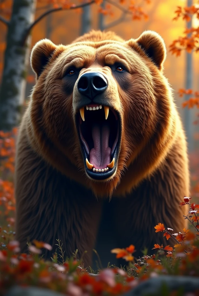 a brown bear roaring, open jaw, close-up face shot, autumn woods, highly detailed, 4k, hyperrealistic, photorealistic, masterpiece, dramatic lighting, vibrant colors, intricate details, cinematic composition