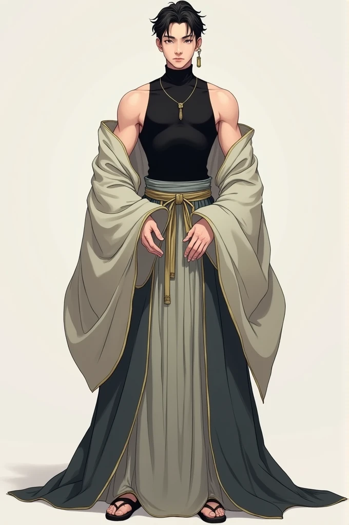 Male in a modern-ish stylised hanfu with an off the shoulders look and black turtleneck with no sleeves