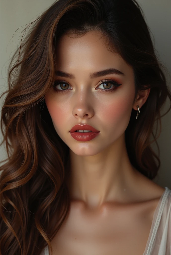 Create a hyperrealistic woman, brown hair black eyes , sensual lips. 1.50 cm tall