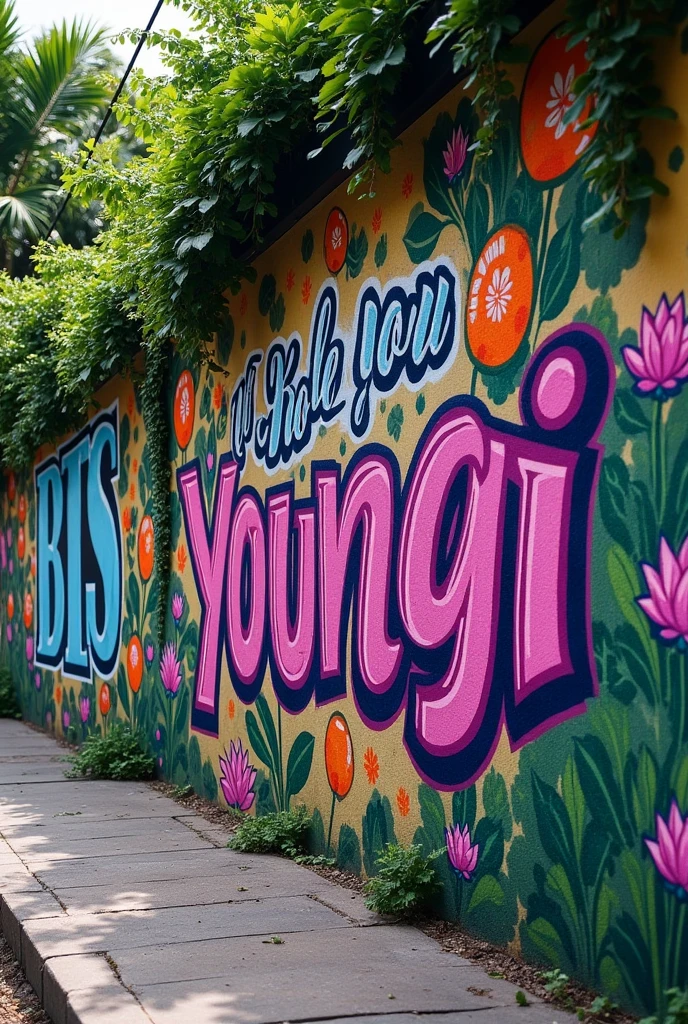 Wall on a Brazilian street with vegetation on the sidewalk, withouth People, with graffiti saying:' we love you Min Yoongi ' e a sigla: BTS. with purple details, small drawings of tangerines and lotus flower.