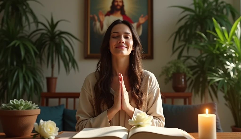 image of an ultra realistic lady thanking God for another day that begins, in the living room of your house, in the background image of plants, happy jesus with open arms picture, on the table a lit candle, the bible with a white rose inside, convey depth